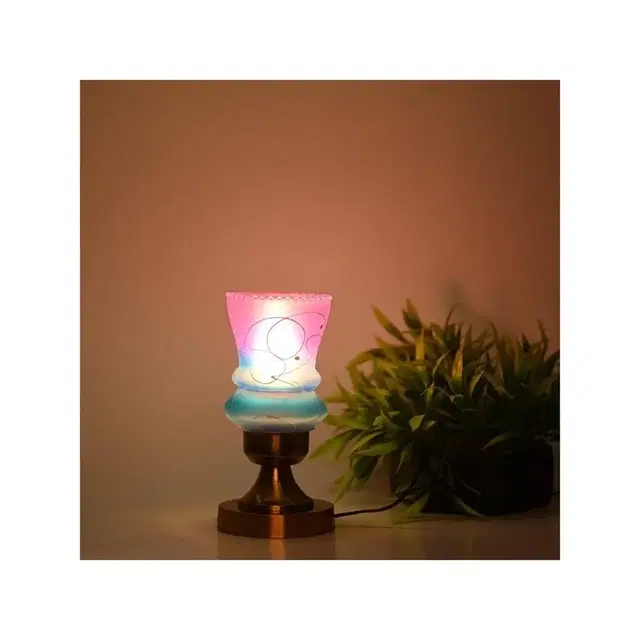 Tiered Glass Shade Table Lamp With Brass Base (Pink & Blue)