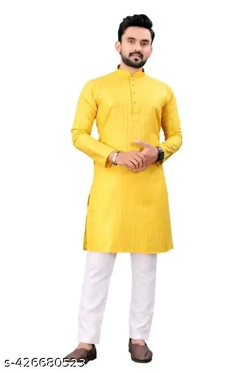 Stripe Show Button Mandarin Neck Kurta for Men (Yellow, S)