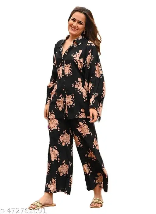 Floral Printed Short Kurta with Matching Pyjama Set for Women (Black, XL)