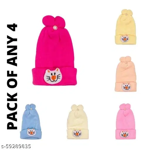 Polyester Caps for Kids, Pack of 4 (Multicolor, 0-3 Months)