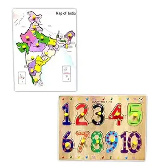 Wooden Educational Puzzle with Map for Kids, Multicolor, Set of 2