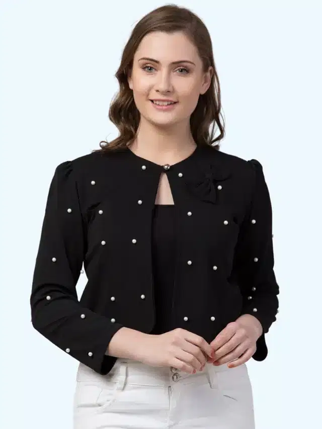 Three Quarter Sleeves Shrug for Women (Black, M)