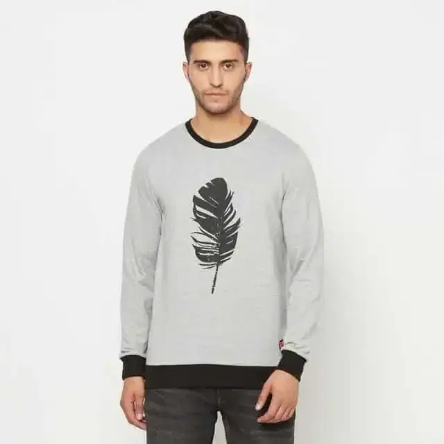 Glito Solid Leaf Print Sweatshirt For Men (Grey, M)