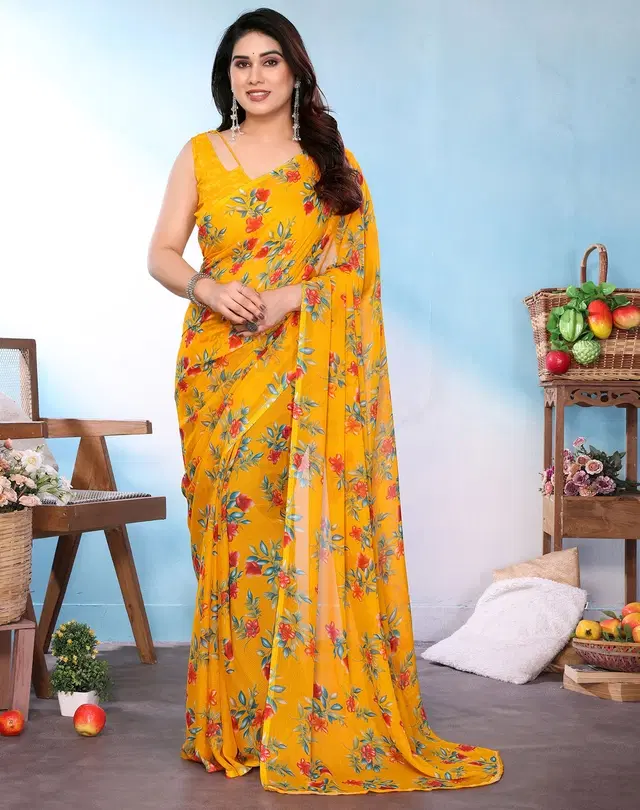Leheriya Printed Saree for Women (Yellow, Free Size)