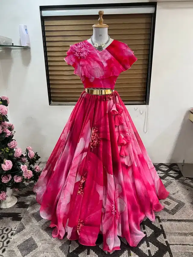 Georgette Semi Stitched Lehenga Choli for Women (Pink, Free Size)