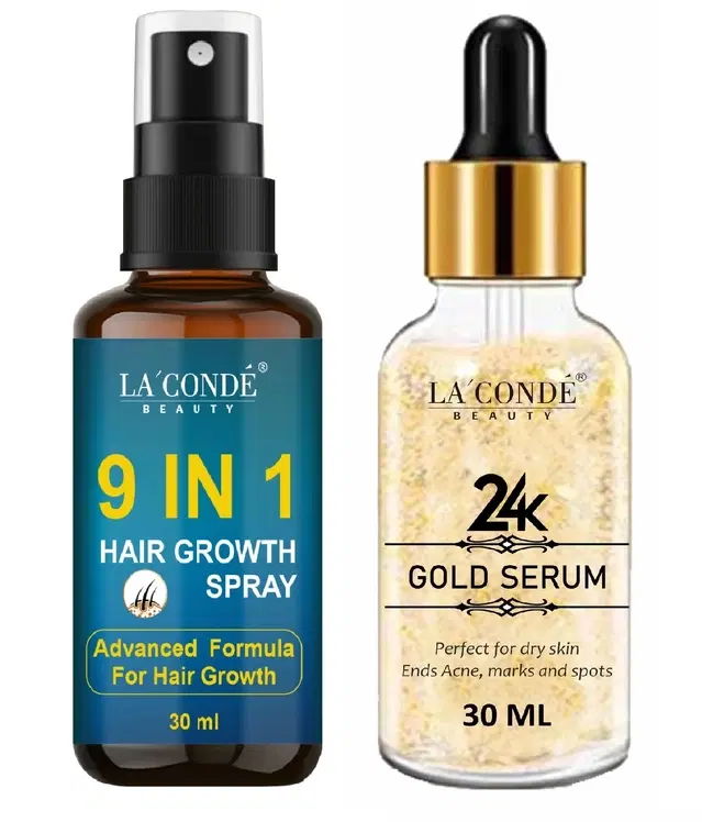 Combo of La'Conde Beauty 9 in 1 Hair Growth Spray & 24K Gold Face Serum, 30 ml, Set of 2