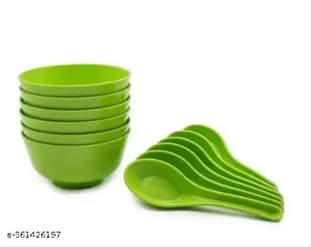 Plastic Bowls, 6 Pcs with 6 Pcs Spoons, Green, Set of 2