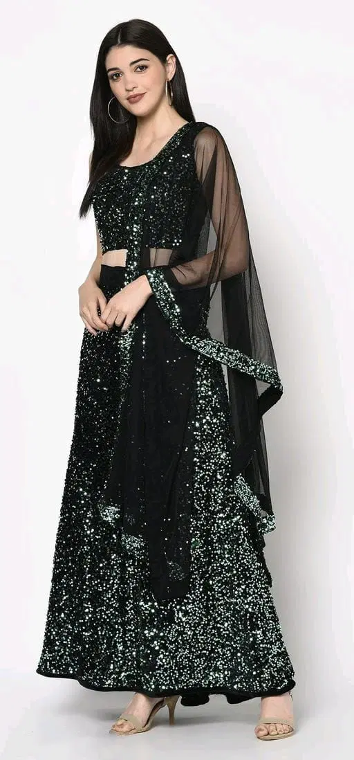 Purimaa Sequined Semi Stitched Lehenga Choli With Dupatta (Green) (P64)