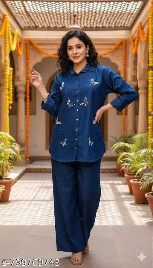 Kurta Set for Women (Blue, M)