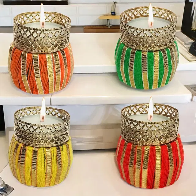 Metal Designer Tealight Candle Holder, Multicolor, 4x4x5 cm, Pack of 4