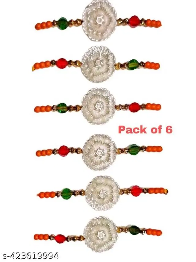 Handmade Designer Rakhi with Roli Chawal, Multicolor, Pack of 6