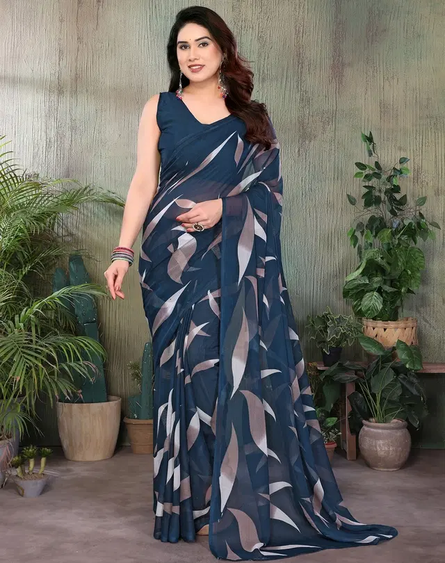 Georgette Saree for Women, Floral (Blue, Free Size)