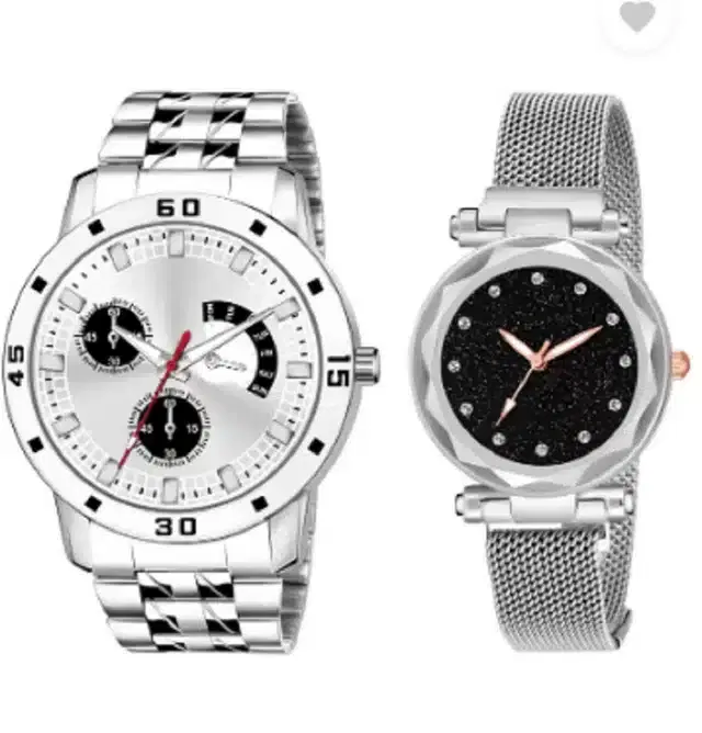 Couple Analog Watches, Pack of 2 (Silver)