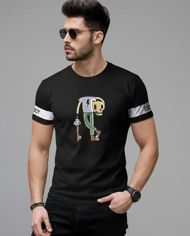 Polyester Printed T-shirt for Men, Black (XL)