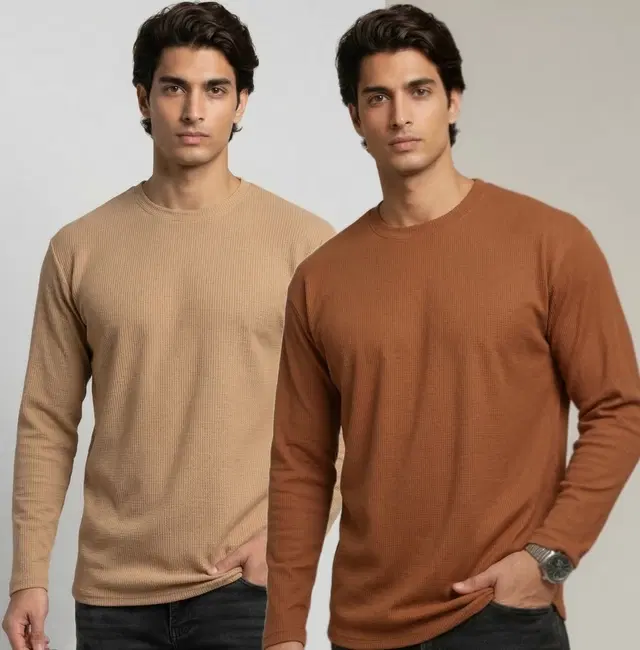 Polyester T-shirt for Men, Beige & Coffee, Pack of 2 (M)