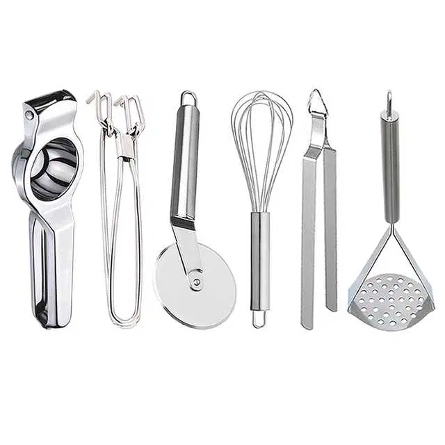 Stainless Steel Lemon Squeezer & Pakkad & Pizza Cutter & Egg Whisk & Roti Chimta & Potato Masher For Kitchen, Set of 6, OC-057