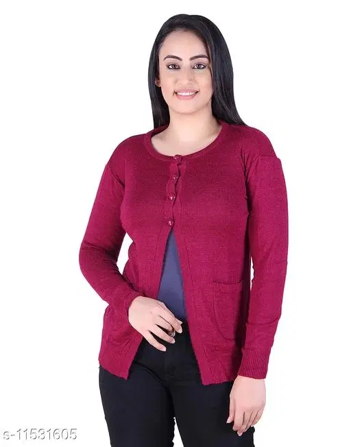 Acrylic Solid Sweater for Women (Wine, L)