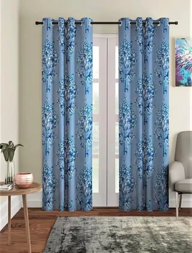 Polyester Printed Window & Door Curtains, Pack of 2, Blue, 7 feet