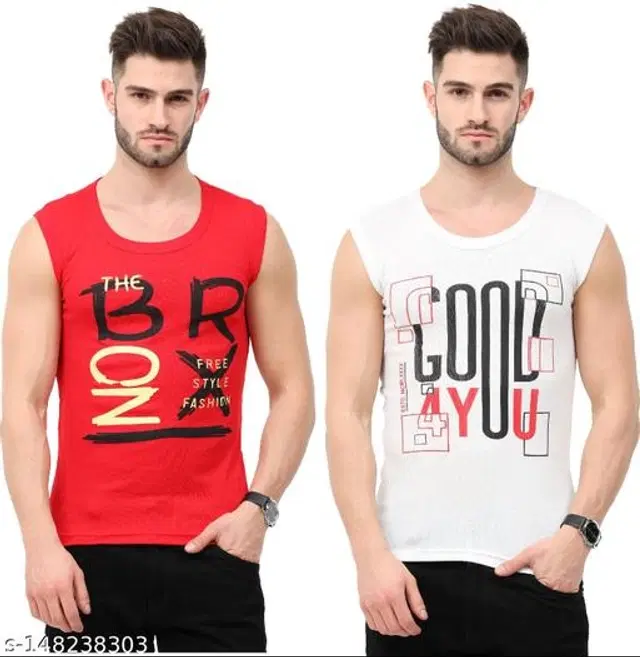 Cotton Vests for Men, Pack of 2 (Red & White, M)