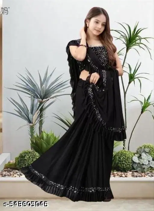 Lycra Saree for Girls, Black (4-5 Years)