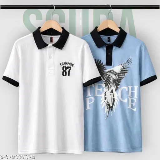 Cotton Blend Printed T-shirt for men, White & Blue (3XL) Pack of 2