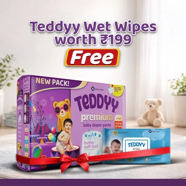 Teddyy Premium Baby Diaper Pant Style (Large) 32 Pcs + Free Teddy Wet Wipes (With Lid) 72 Pcs