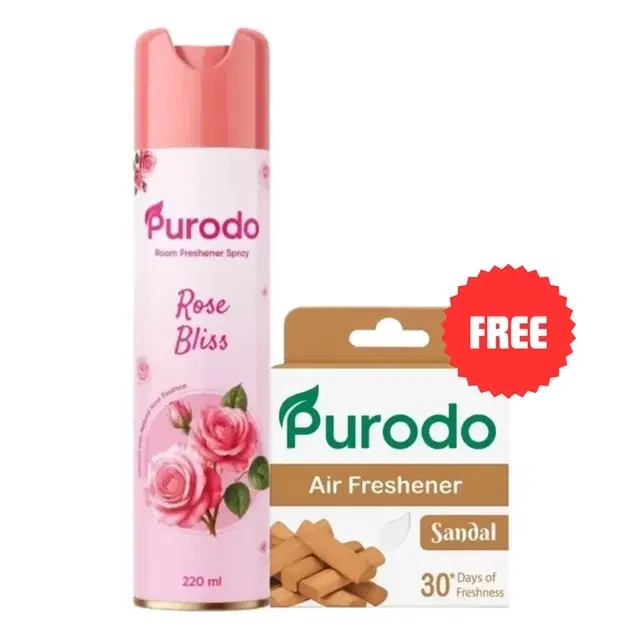 Purodo Air Freshener Spray 220ml Rose Bliss + Air Freshner Block Sandal 50g (Free)