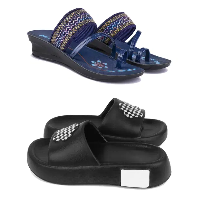Combo of Sandals & Sliders for Women, Pack of 2 (Blue & Black, 5)