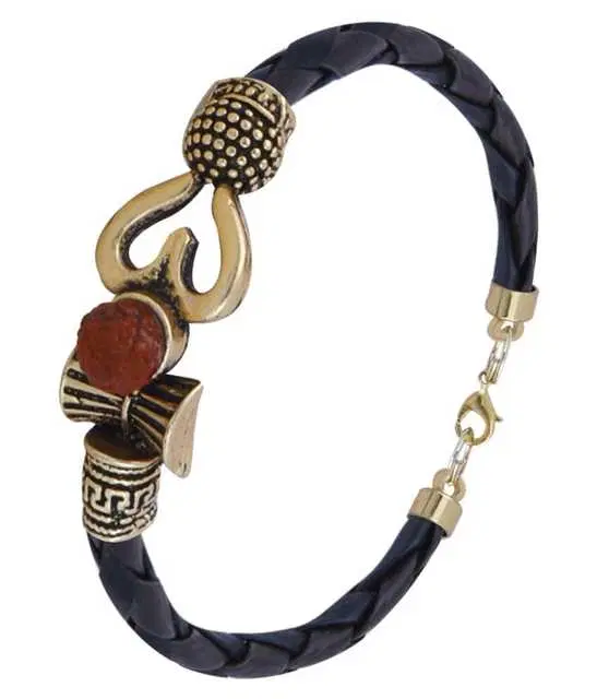 BHARDWAJ RETAILS Rudraksha OM Trishul Damroo Designer Oxidized Gold Bahubali Leather Kada Bracelet Unisex Bracelets for Men & Women, Pack of 1 (Assorted) (BR26)