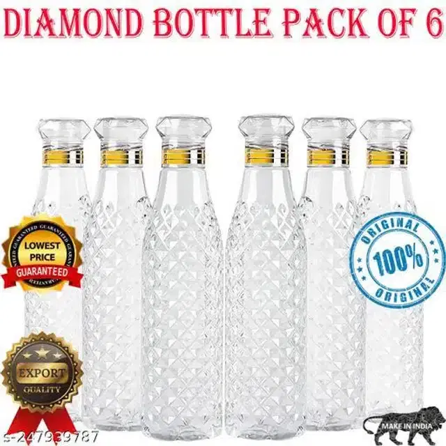 Plastic Water Bottles, Transparent, 1000 ml, Pack of 6