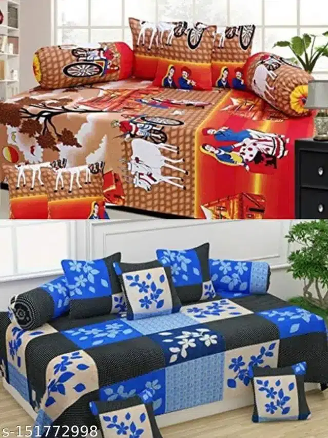 Polycotton Diwan Cover Set, Multicolor, Combo of 2