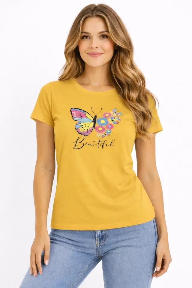 Cotton Blend Printed T-shirt for Men, Mustard (L)
