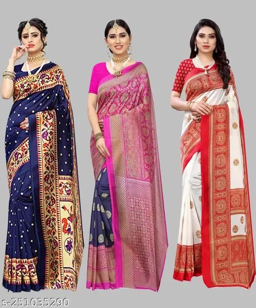Art Silk Saree for Women, Pack of 3 (Navy Blue, Free Size)
