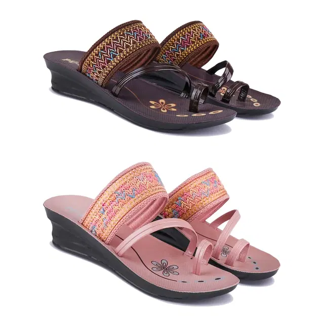 Sandals for Women, Pack of 2 (Brown & Peach, 7)