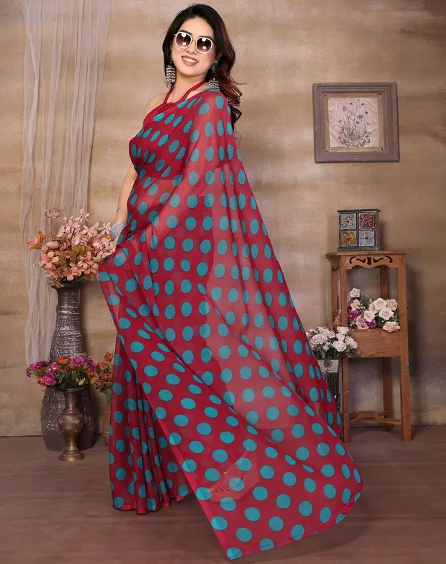 Georgette Saree for Women, Polka Dot (Maroon, Free Size)