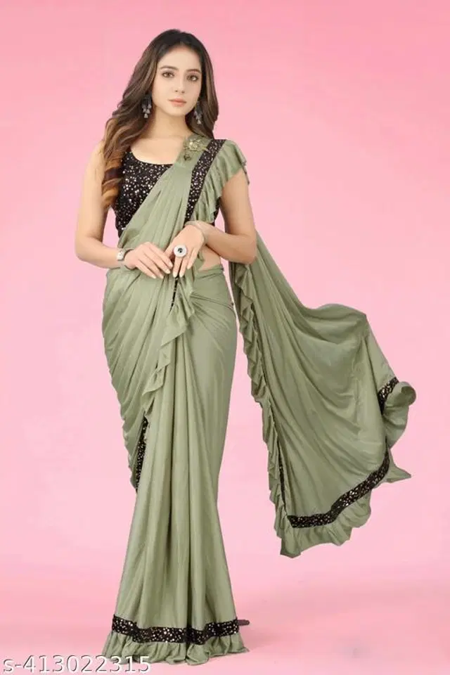 Solid Fancy Saree for Girls with Blouse (Olive, 8-9 Years)