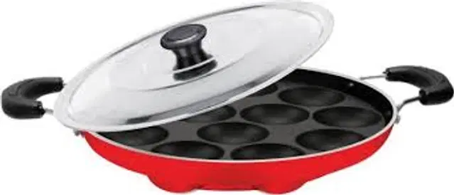 ZODEX 12 Cavities Non Stick Appam Patra with Lid and Side Handle, Multicolor, 21 cm