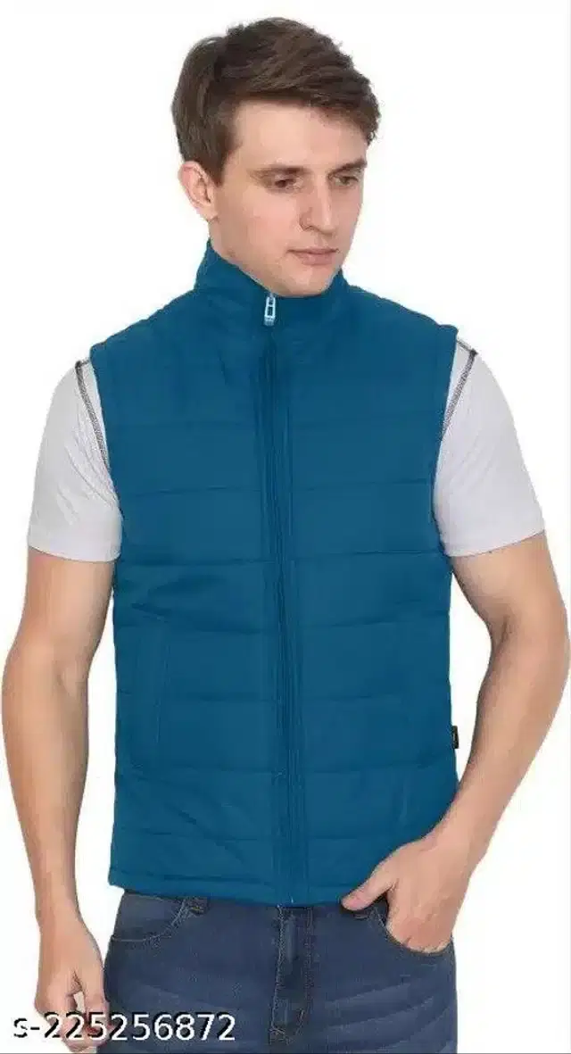 Polyester Sleeveless Solid Jacket for Men (Blue, L)