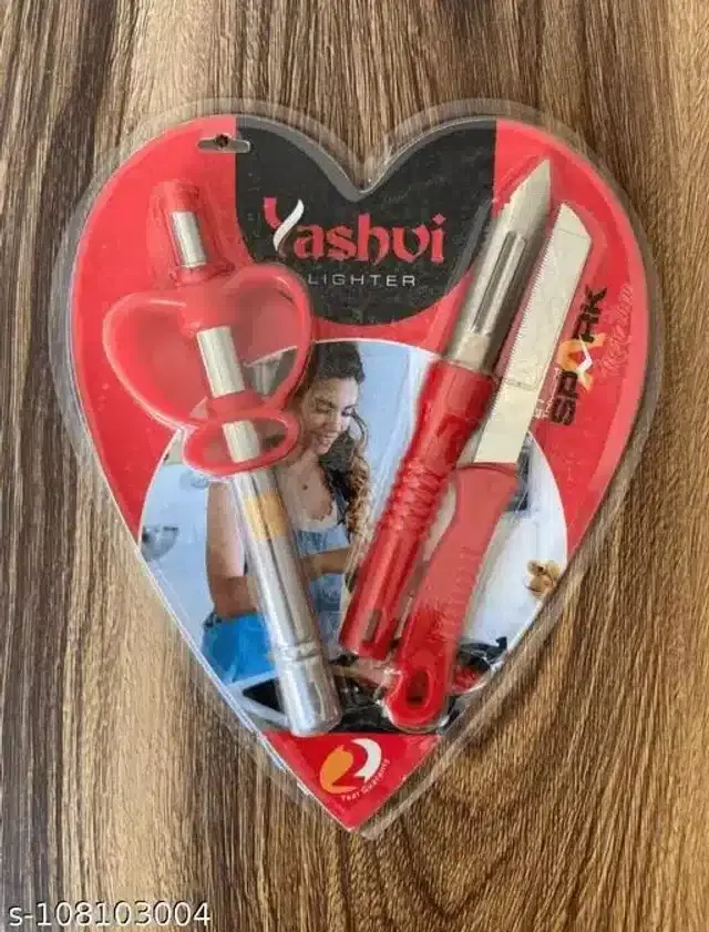 Combo Of Gas Lighter with Knife & Peeler, Set of 3, Red