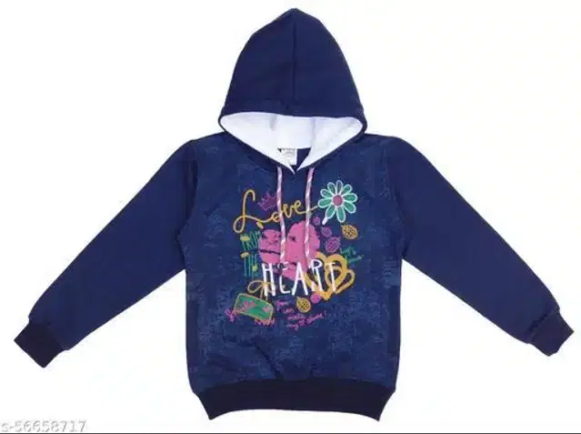 Fleece Printed Full Sleeves Hooded Sweatshirt for Girls (Navy Blue, 2-3 Years)