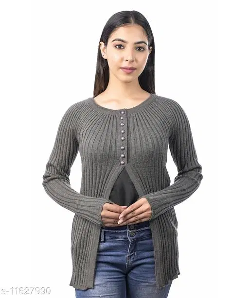 Acrylic Solid Sweater for Women (Grey, M)