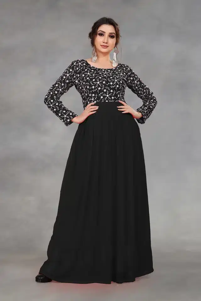 Women's Embroidered Anarkali Flared Gown (Black, M)