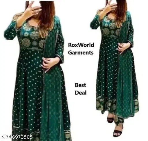 Printed Anarkali Kurta Set for Women (Green, M)