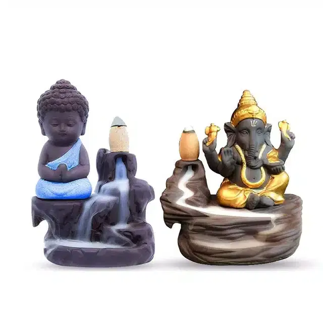 Handcrafted Polyresin Buddha and Ganesha Smoke Backflow Idol with 20 Incense Cone, Multicolor, Set of 2