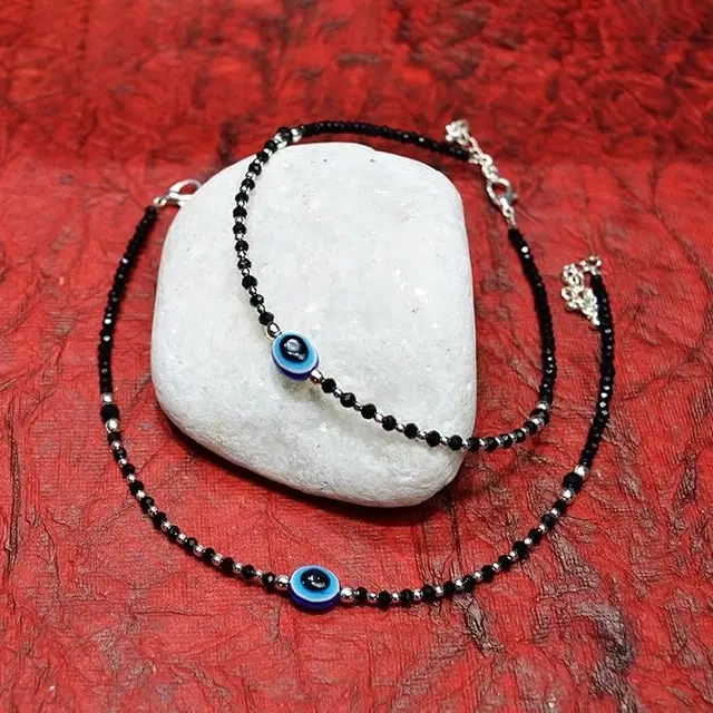 Silver Plated Black Bead Anklet with Blue Evil Eye Charm, Set of 1