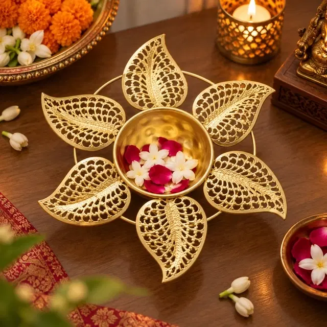 Metal Leaf Urli 7 Inch, Decorative Traditional Urli For Pooja, Home & Diwali Decoration