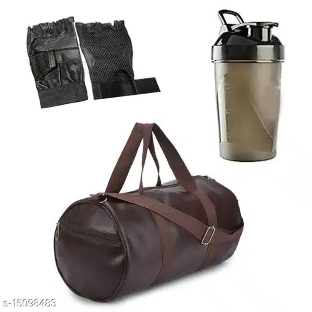 Combo of Gym Bag with Shaker Bottle, 400 ml, Gloves, Multicolor, Set of 3