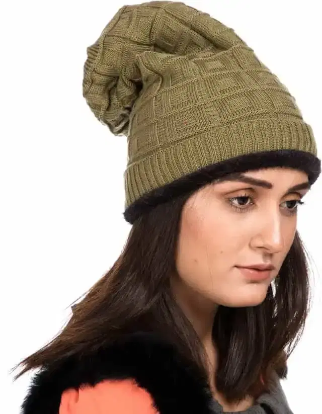 Women Woolen Fur Cap (Dark Green, Free Size) (BM015)