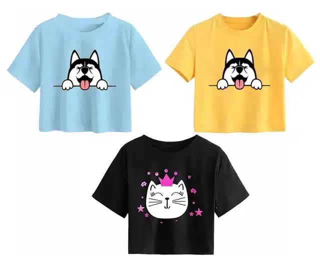 Cotton Printed Crop Tops for Girls, Pack of 3 (Multicolor, 10-11 Years)