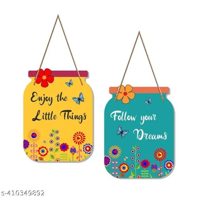 Wooden Wall Hanging Decor, Yellow & Sky Blue, Pack of 2